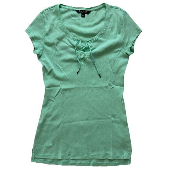 Lauren Ralph Lauren Women’s Small Light Green Short Sleeve String Tie Top Blouse - Picture 1 of 6
